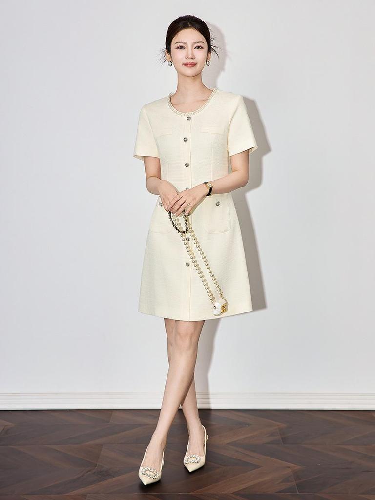 Spring Socialite Beaded Round Neck Little Black Dress