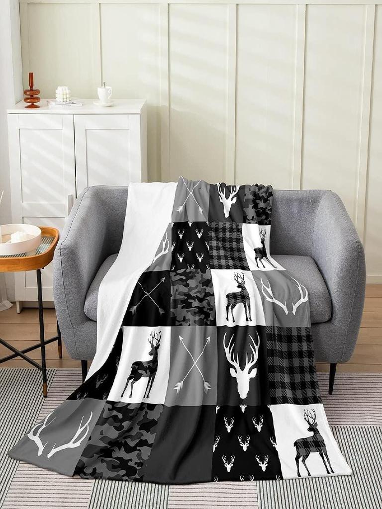 Deer Silhouette Throw Blanket Antlers Arrow Pattern Fleece Blanket Stripes Grid Camouflage Bed Blanket for Kids Teens Room Decor