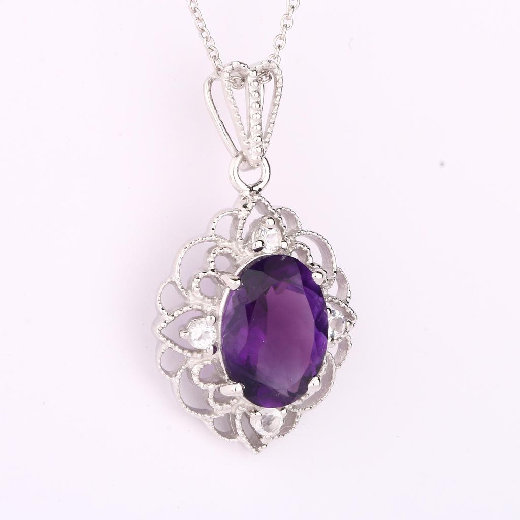 Amethyst & Citrine Pendant 925 Sterling Silver Rhodium Gemstone Jewelry Gift for Her