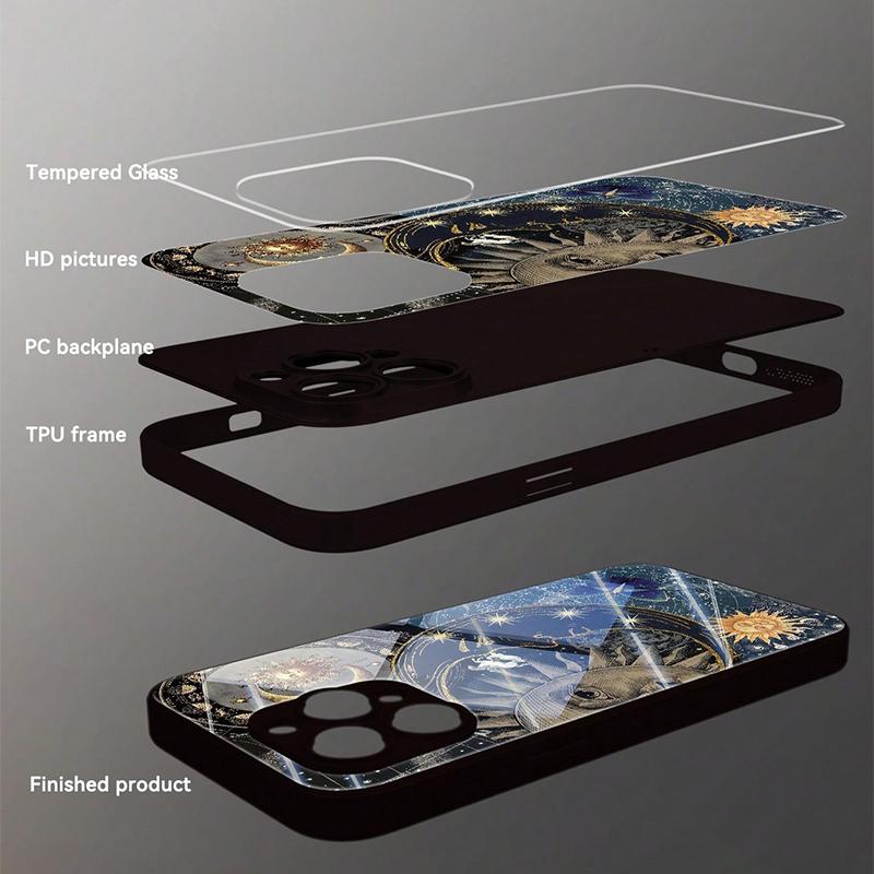 Creative Sun Person Pattern Tempered Glass Phone Case For iPhone 16 Pro Max 17 15 14 13 12 11 Pro 16E 7 8 Plus XR XS X Cover