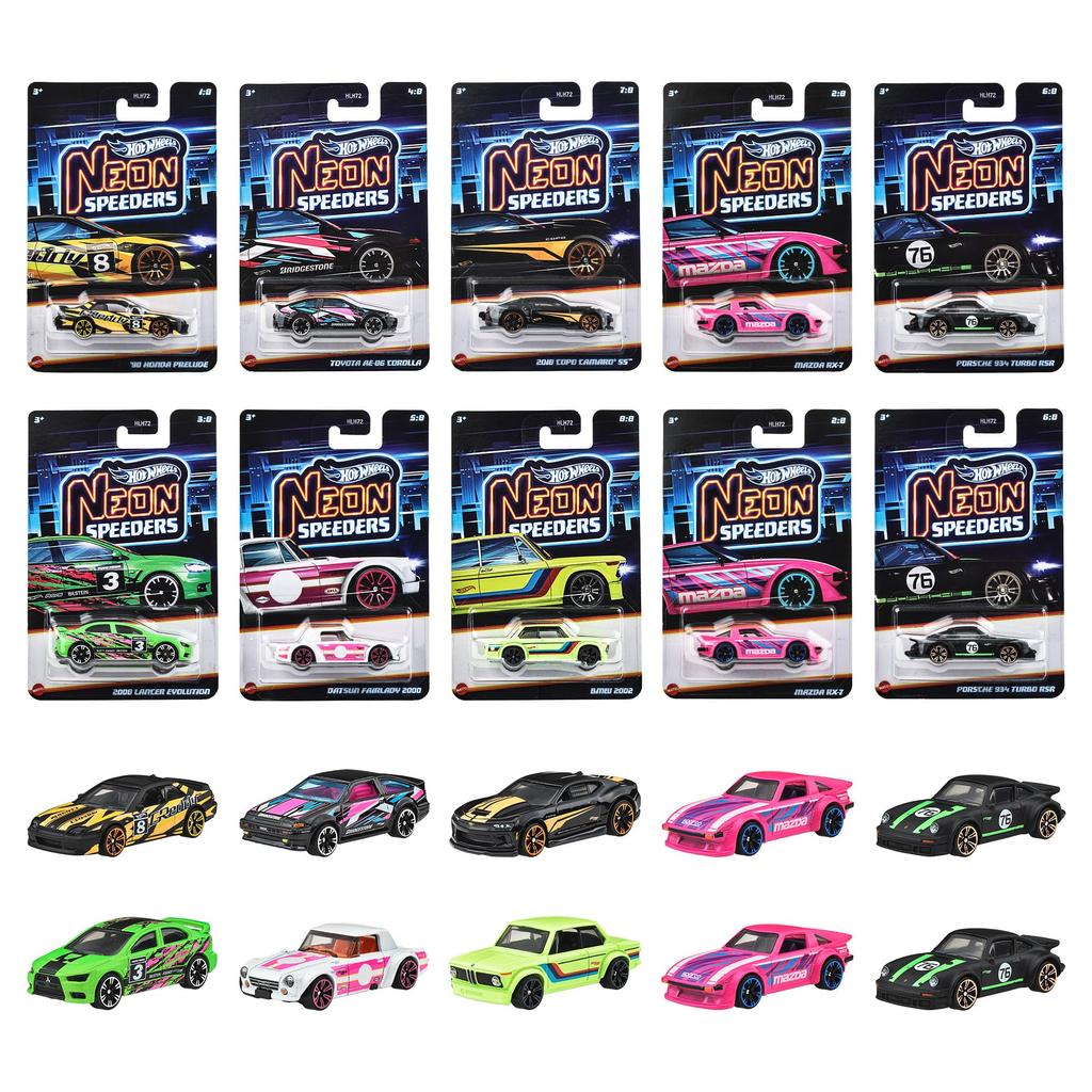 Hot Wheels Neon Speeders Assorted Vehicle Toys, 10-Car Box, Ages 3+, Multicolor, 986E-HLH72