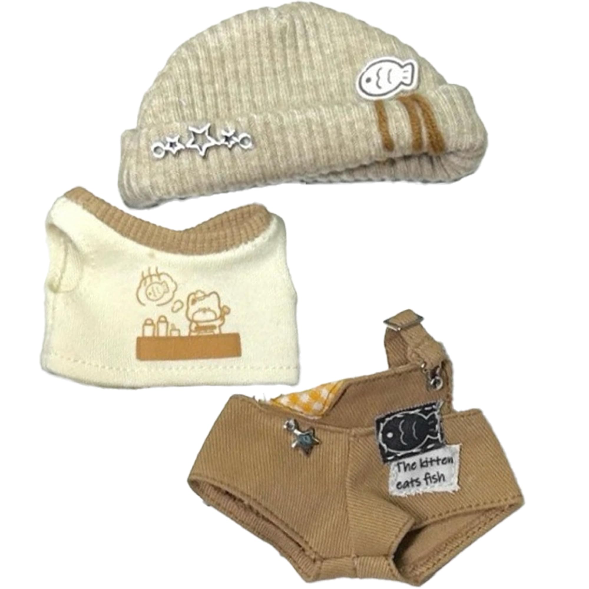 

Knit and Overalls Set for 10cm Plush Costume Cap, Shirt, Doll, Beige, Toy, Kigurumi, Accessories, Otaku, Doll, Mascot, Kpopdoll, [Used] бежевый