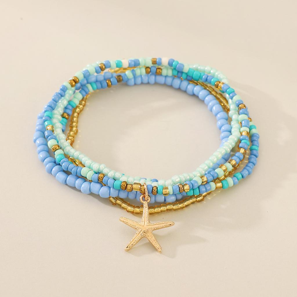 Bohemian Beach Anklet Set, Multi-Layer Beaded & Shell Charm Ankle Bracelets with Starfish, Turtle, Tassel Details