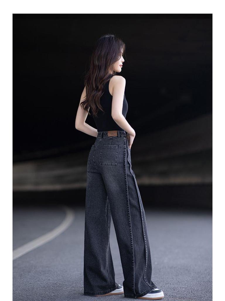 High Street Black High-Waisted Straight Leg Jeans - Slimming Wide Leg, Floor-Length, Loose Fit for Spring/Autumn 2026