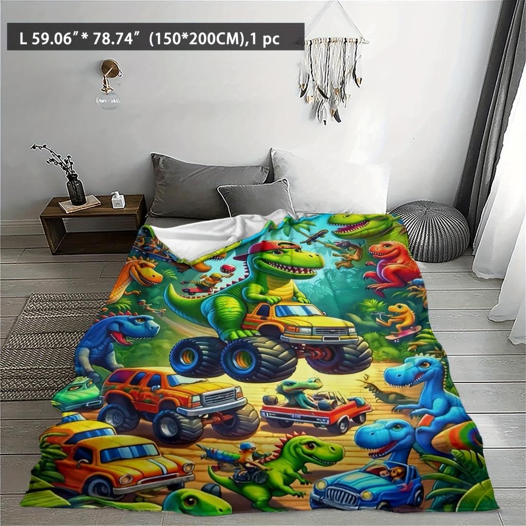 1 Stück Dinosaurier Geländewagen Campingdecke, Mehrjahreszeiten Universal für Schlafzimmer Wohnzimmer Camping, Flanell 2D Flaches Dekor