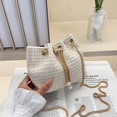 Summer Woven New Fashion Drawstring Large Capacity Trend Chain Crossbody Beach Bucket Armpit Bag