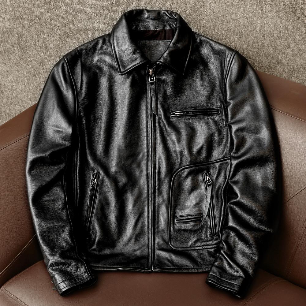 

Новая куртка из натуральной кожи мужская приталенная короткая косуха из натуральной коровьей кожи мотоциклетная куртка S