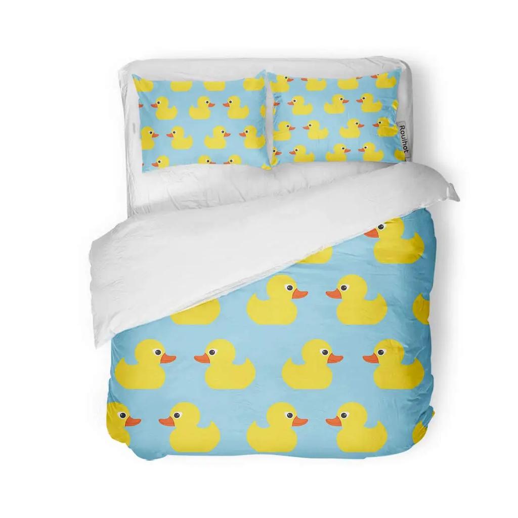 Carton Yelow Duck King Quen Soft Duvet Cover Farm Lovely Animal Beding Set Blue Buble Comfortable Quilt Cover Soft Polyester Warm Comforter Cover
