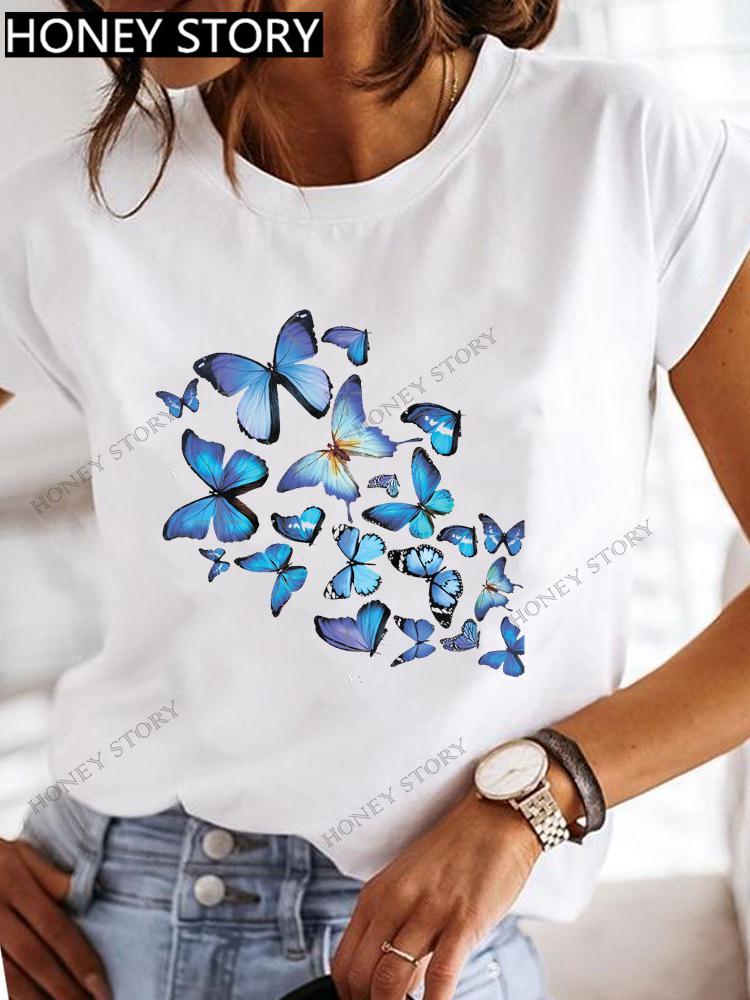 Dragonfly Butterfly Print Base Top Loose Women's Short-sleeved T-shirt Round Neck Oversized T Shirt  Women Clothes