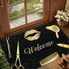 Beauty Salon Welcome Rug Gold Hair Tools Print Non-slip Washable Carpet Floormat Idea for High-traffic Area Luxury Black & Gold