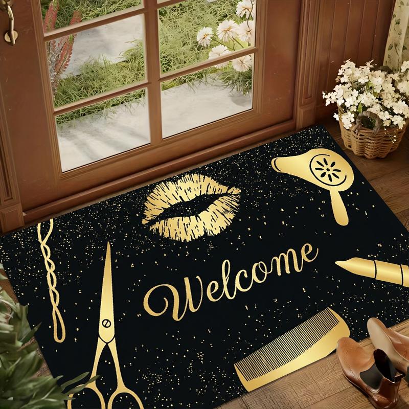 Beauty Salon Welcome Rug Gold Hair Tools Print Non-slip Washable Carpet Floormat Idea for High-traffic Area Luxury Black & Gold