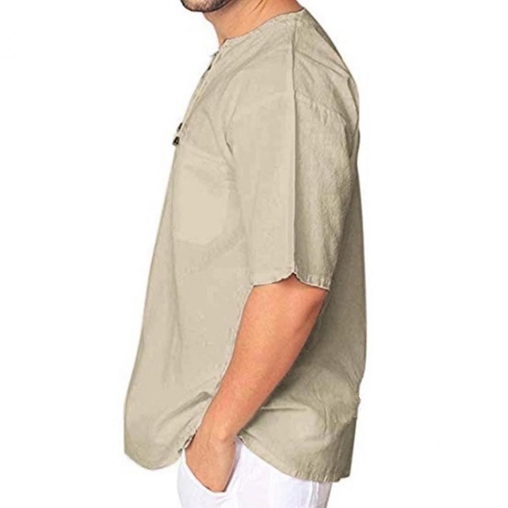 Pánské jednobarevné tričko s krátkým rukávem s výstřihem do V, volný top