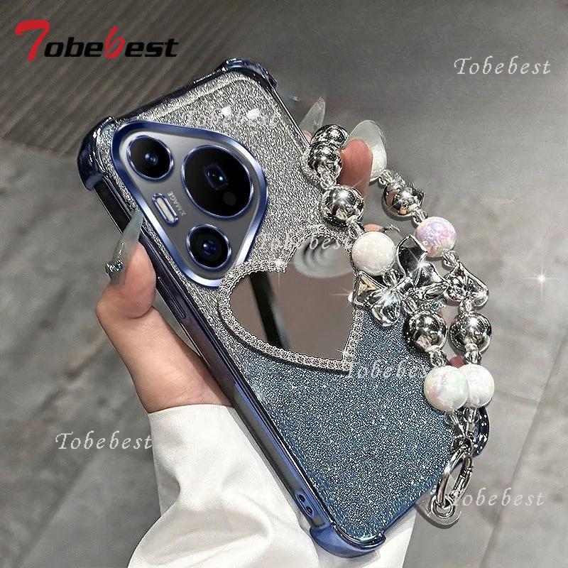 Glitzer Beschichtung Liebe Spiegel Armband Hülle für Huawei Pura 80 70 Ultra P60 P50 P40 P30 Pro Plus Lite Stoßfeste Silikonhülle