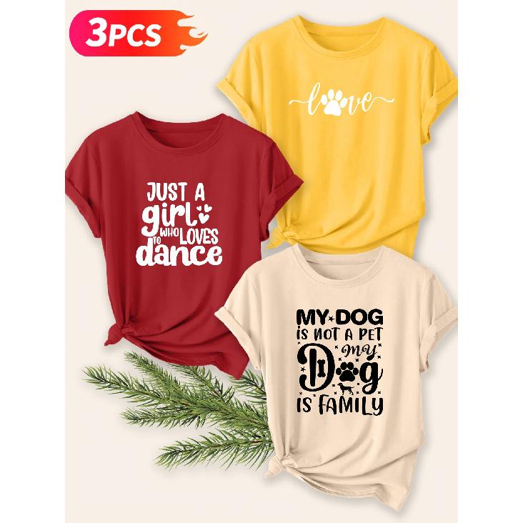 Three-piece set Elegant short-sleeved shirt for women Pet Care and Hobby Themed Printed Round Neck Women's Top T Shirt Suitable for spring