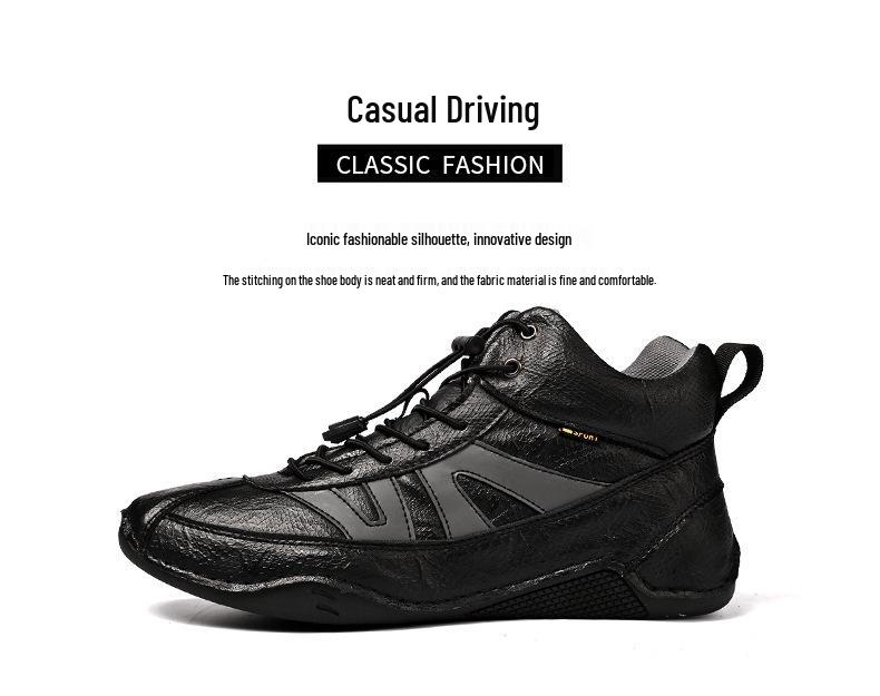 Men's High-Top Autumn Casual Leather Shoes - Genuine Leather, Soft Sole, Work Boots, Outdoor, Plus Velvet Cotton Lining