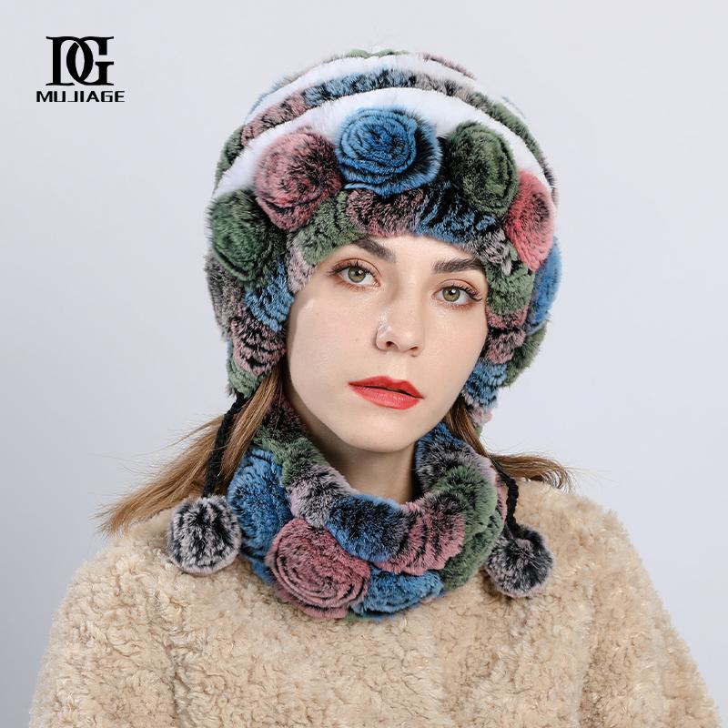 Hat Woman Winter New Rex Rabbit HairThickened and Warm Winter Versatile and Cute Fur Hat Scarf