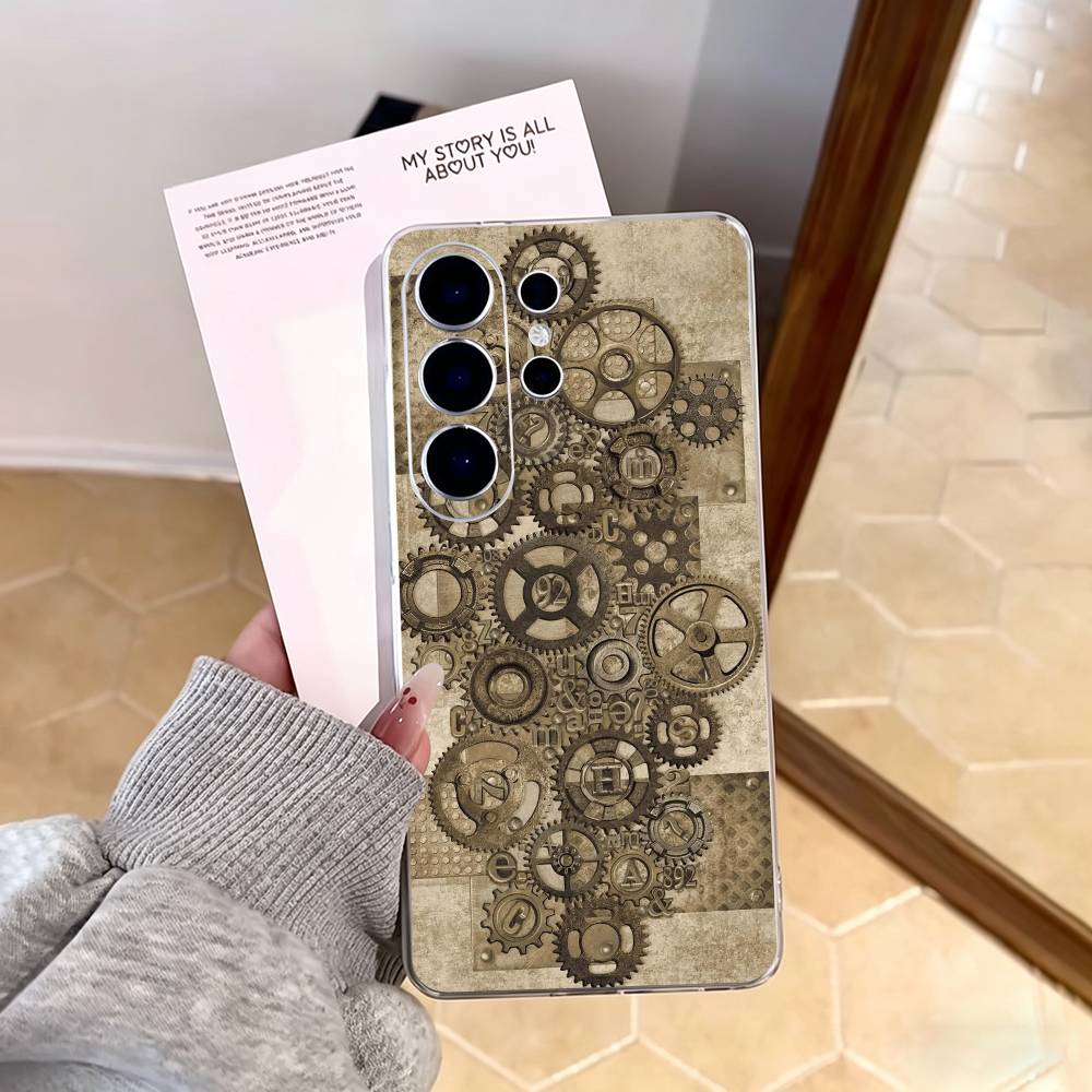 S-Steampunk Gear Mechanical COOL Phone Case For Samsung S25,S24,S21,S22,S23,S30,Ultra,S20,Plus,Fe,Note,10,9,5G Transparent Cover