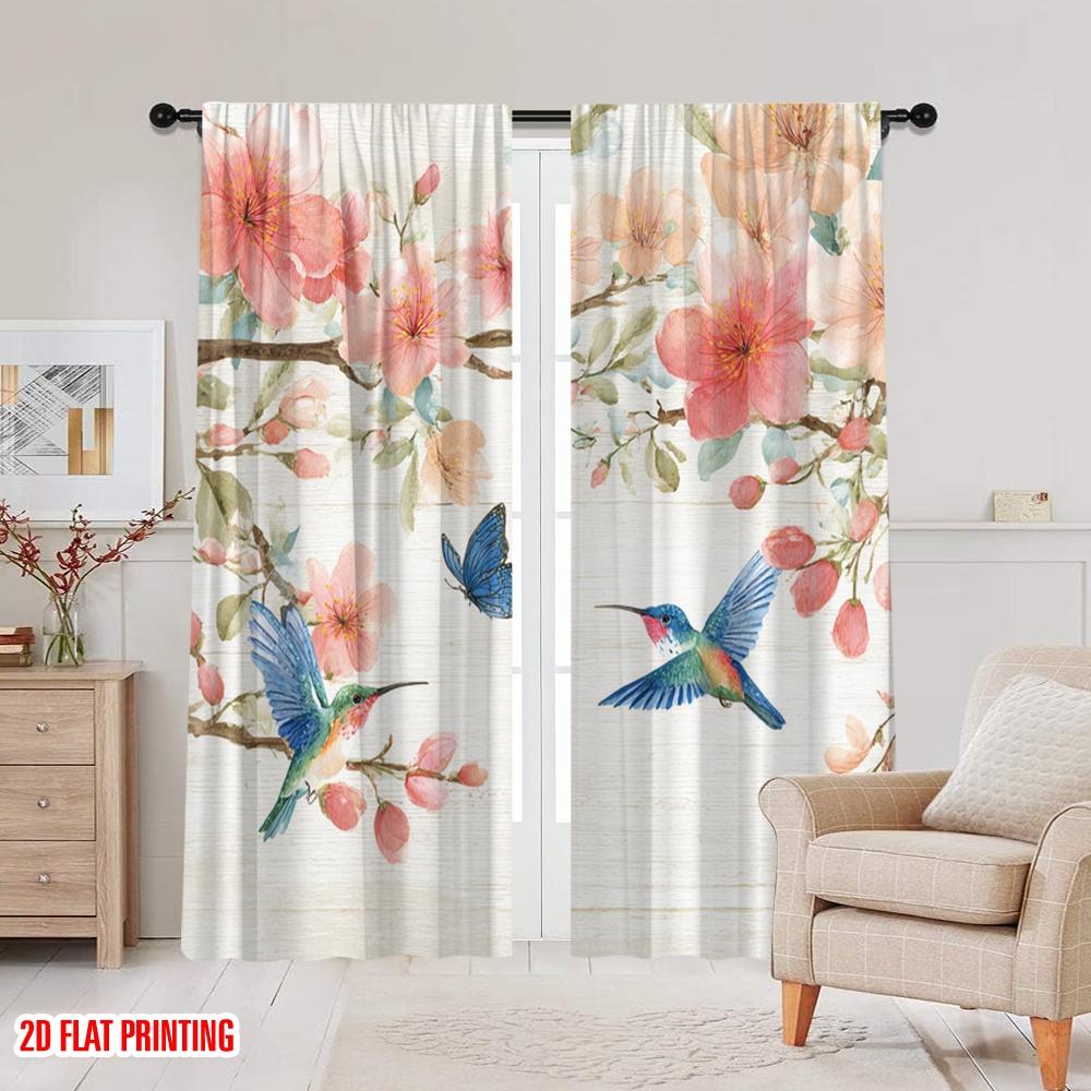 2pcs 2D flat printing Party Window Curtains Watercolor Butterflies Birds Flowers Digital Printed Polyester Drapes Family Party