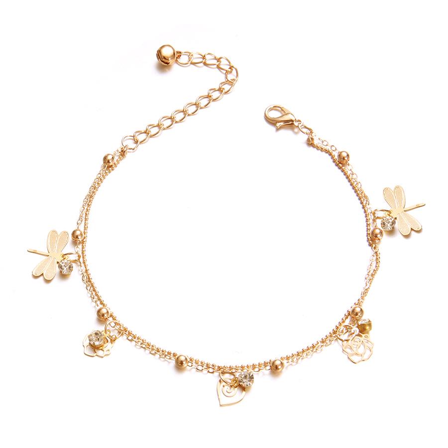Foot Beach Model, Double-Layer Retro Anklet, Diamond-Encrusted Small Dragonfly Anklet.