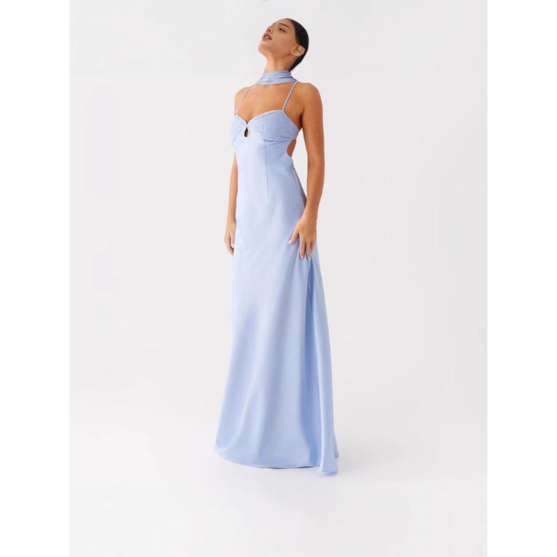 New Women's Temperament Collar Strap Halter Dress Long High-end Satin Dress Women