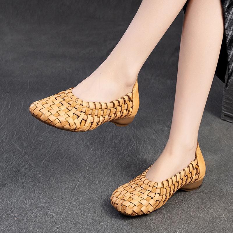Fashion 2CM New Ethnic Handmade Weave Genuine Leather Oxfords Soft Soled Comfy Elegance Fashion Spring Summer Women Slip On Ladies Shoes