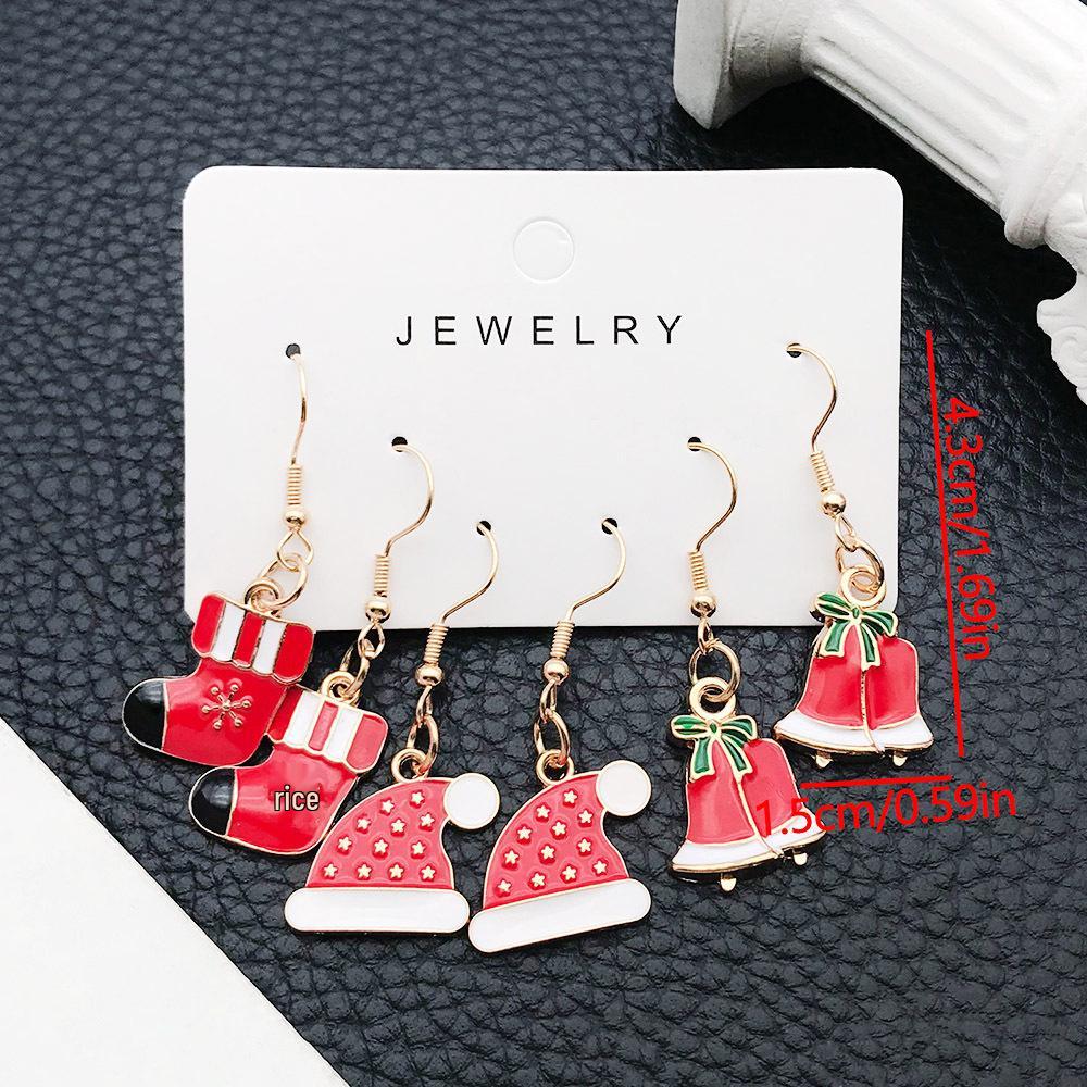 Набор Рождественских Серёг Премиум-Класса: Дизайны: Красные чулки с подтеками, Колокольчик и Шляпа - 3 пары