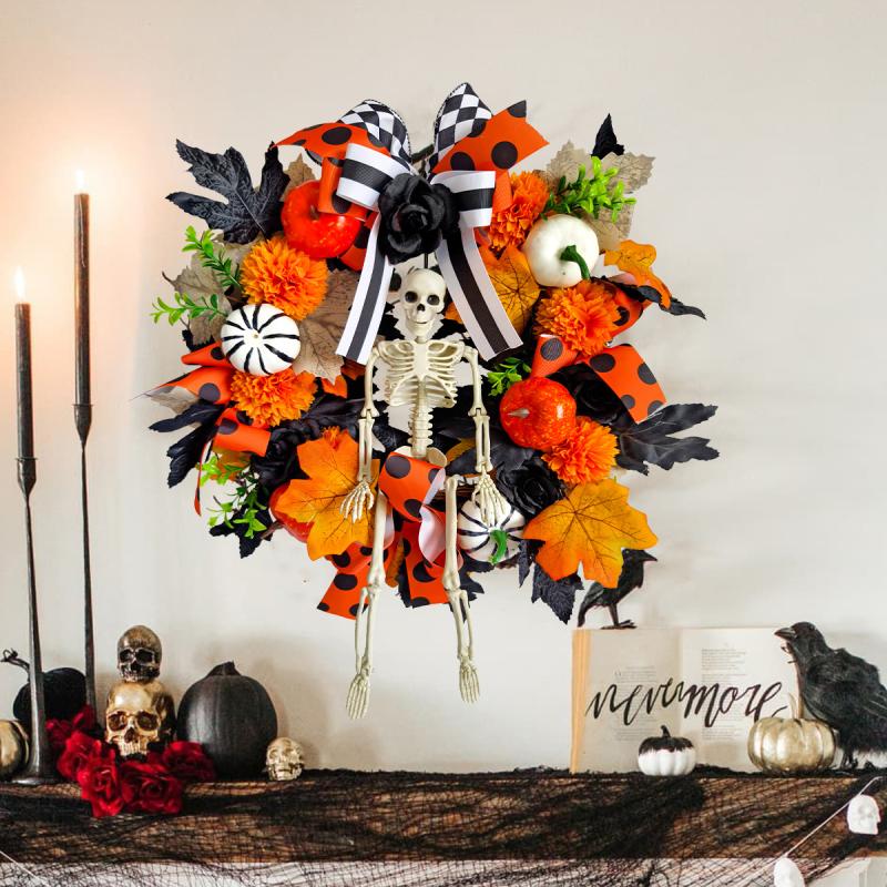 Halloween Skull Wreath Gothic Garland Creepy Decor Pendant For Front Door,Porch,Window, Indoor Outdoor Home Halloween Decor