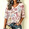 Women's V-Neck Three-Quarter Sleeve Printed Blouse Casual Top for Everyday Wear