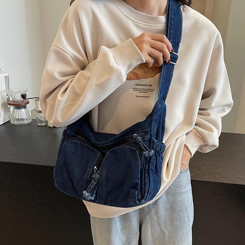 Vintage Denim Shoulder Bag Women's Large Capacity Messenger Bag Multi-pockets Satchel Bags Adjustable Strap Ladies Crossbody Bag