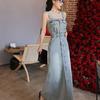 2026 Spring Retro Hong Kong Style Spaghetti Strap Denim Dress - Niche Design Waist-Cinching Long Dress for Women