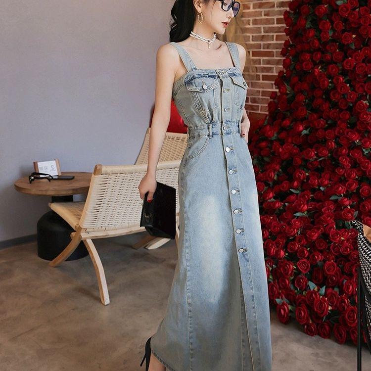 2026 Spring Retro Hong Kong Style Spaghetti Strap Denim Dress - Niche Design Waist-Cinching Long Dress for Women