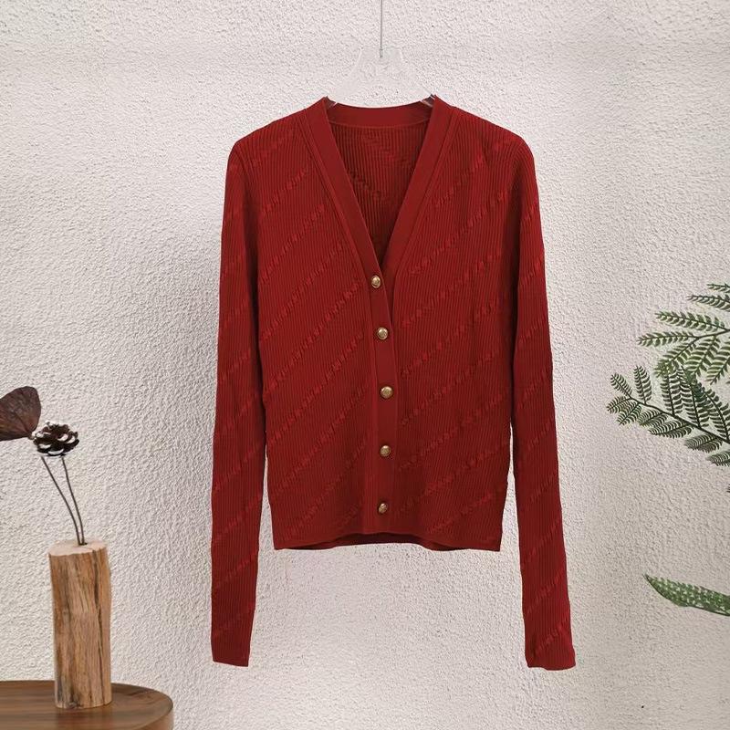 2025 Autumn/Winter V-neck Long Sleeve Single-Breasted Diagonal Stripe Knit Cardigan Outerwear