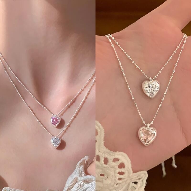 Women's S925 Silver Cubic Heart Bold Pendant Necklace