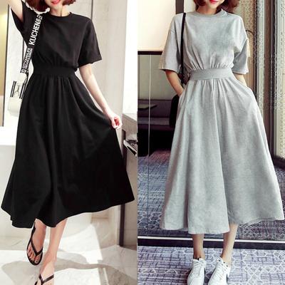 Mid Sleeve Dress with Large Skirt, Korean Version with Five Quarter Sleeves and Waist Cinched Long Skirt, High Waist Round Neck Small Black Skirt