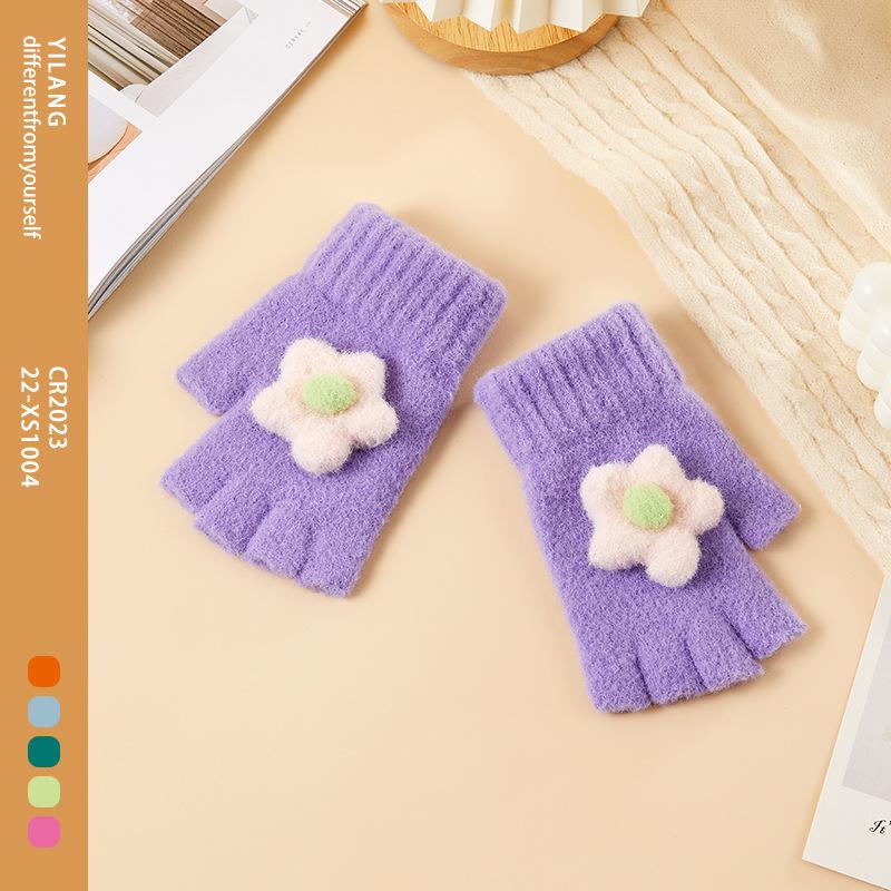 

Half Finger Gloves for Children with Velvet Warm and Cold Protection Cartoon Finger Exposed Gloves for Men and Women Knitted Gloves One Size