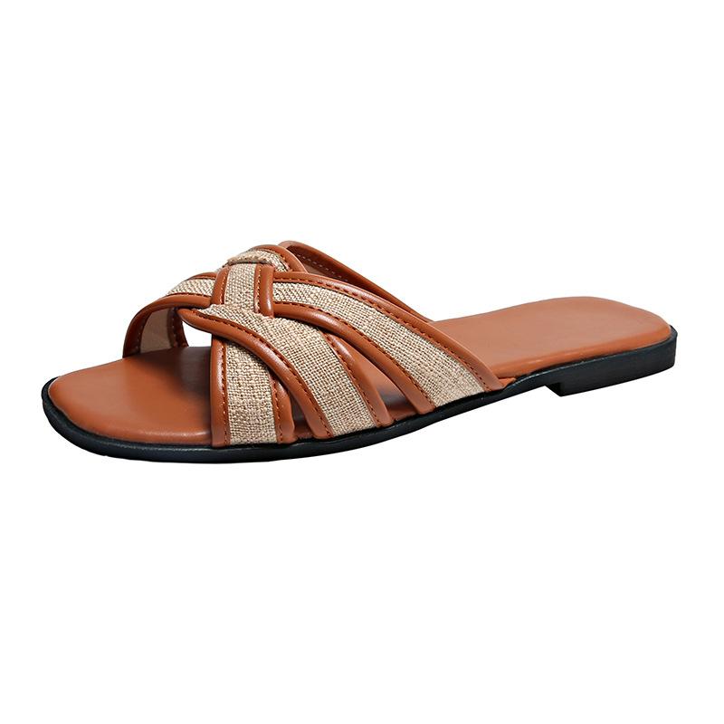 Flat-bottomed retro one-word slippers women's shoes new summer casual woven sandals beach sandals
