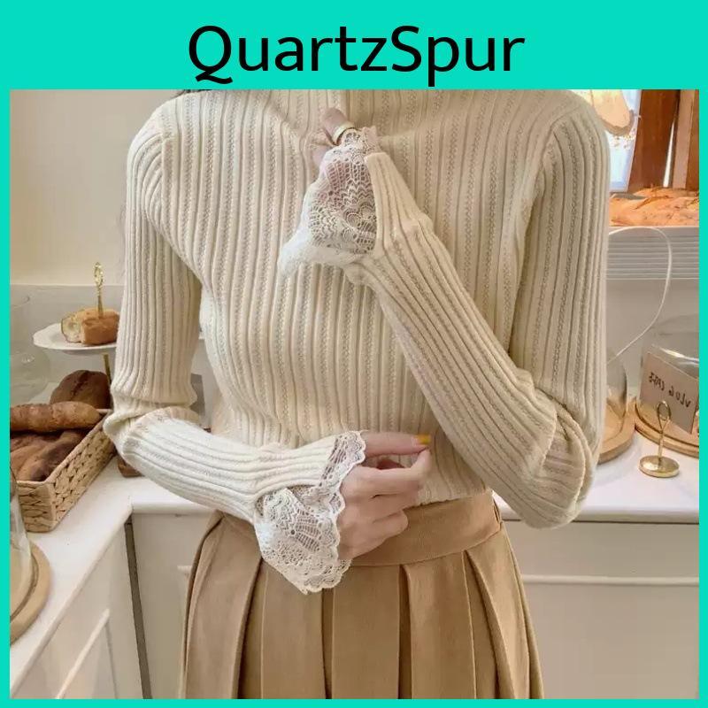 Sweater Lace Trimmed Womens Spring And Autumn Half Turtleneck Slim Pullover Casual Long Sleeved Knitted Sweater
