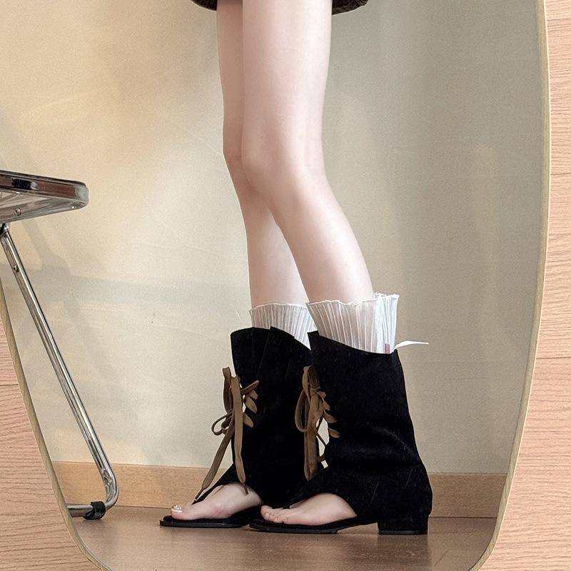 Versatile Niche Design Sense French Fashion Toe Cool Boots Women's 2025 Summer New Lace-up Thick Heel Thin Sandals