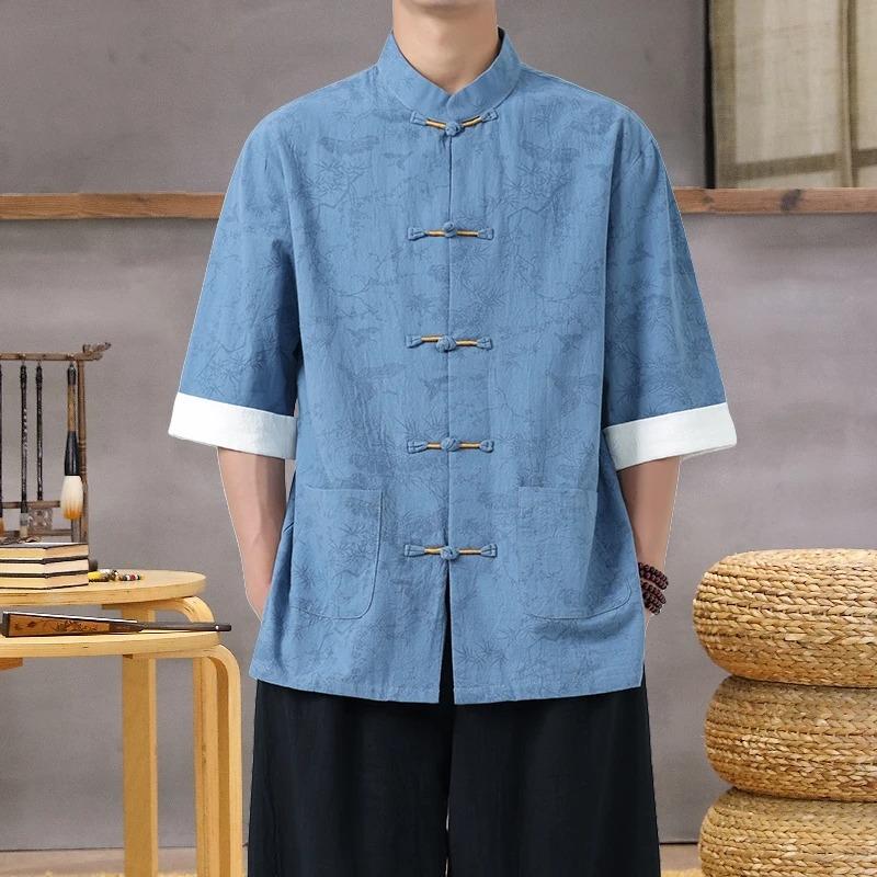 Men's Lightweight Mandarin Collar Printed Shirt Summer Chinese Style Oriental Design Casual Cultural Wear