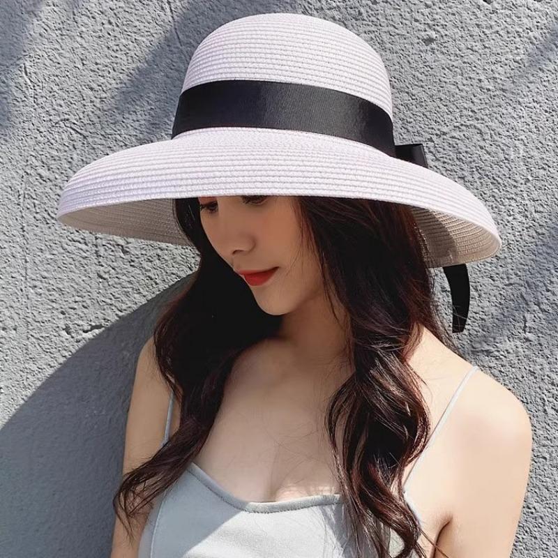 Vintage Hepburn Black Straw Hat Sun Hat Sunscreen Resort Beach Hat Women's Summer Big Eaves Sun Hat