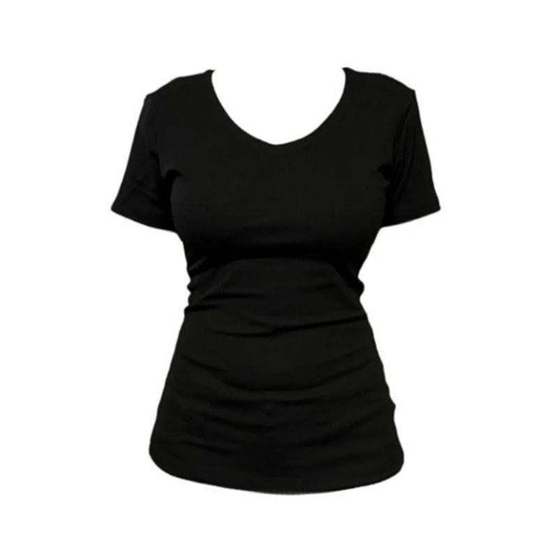 Summer Must-have Front Shoulder Slim and Thin Short-sleeved T-shirt Women's Pure Cotton V-neck Slightly Fat Mm Waist Top Small Ins
