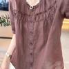 Fresh Pure Cotton Round Neck Shirt with Fungus Lace In Summer New Solid Color Five-quarter Sleeve Shirt Loose and Thin