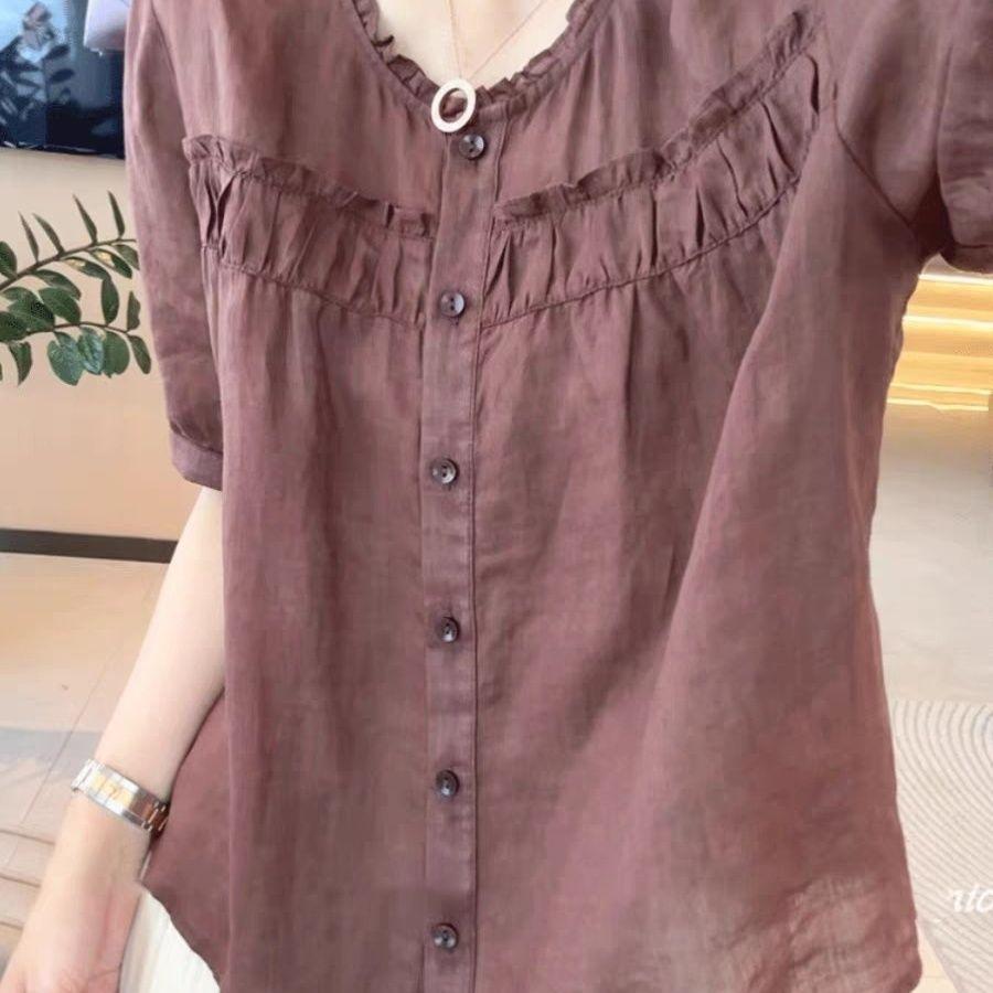 Fresh Pure Cotton Round Neck Shirt with Fungus Lace in Summer New Solid Color Five-quarter Sleeve Shirt Loose and Thin