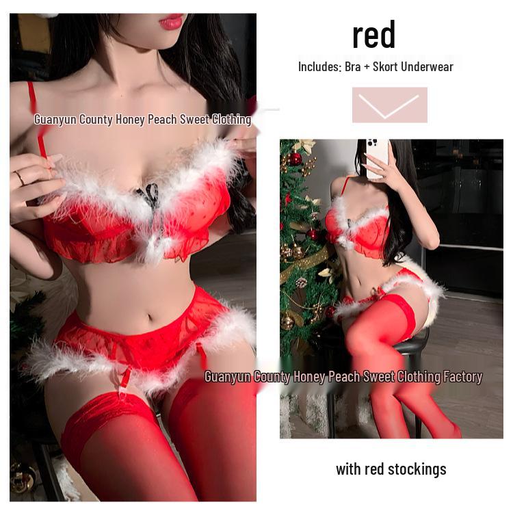 Sexy Fishnet See-Through Lingerie with Garter Belt & Fluffy Christmas Role-Play Bikini