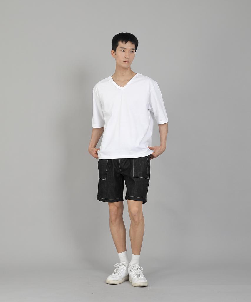 Seinteukeulu Plain V-Neck Half-Sleeve T-Shirt Vhr-895 White