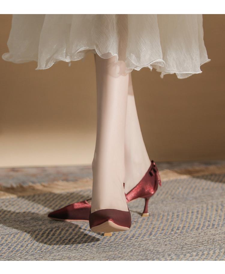 Women's High Heel Bow Shoes - Wine Red/Black (Autumn/Winter Collection)