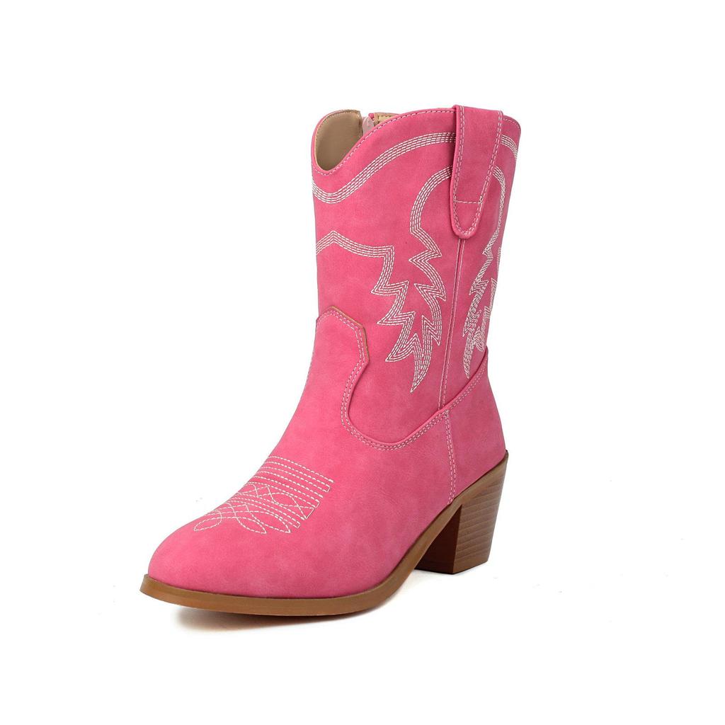 Cowboy Winter Boots for Women Ankle Boots Wide Calf Leather Heels Shoes 2025