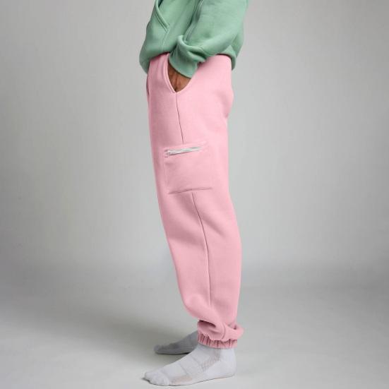 Women Sweatpants Elastic Waist Wide-Leg Casual Trousers with Pockets Solid Color Thickened Plush Lining Sport Sweatpants