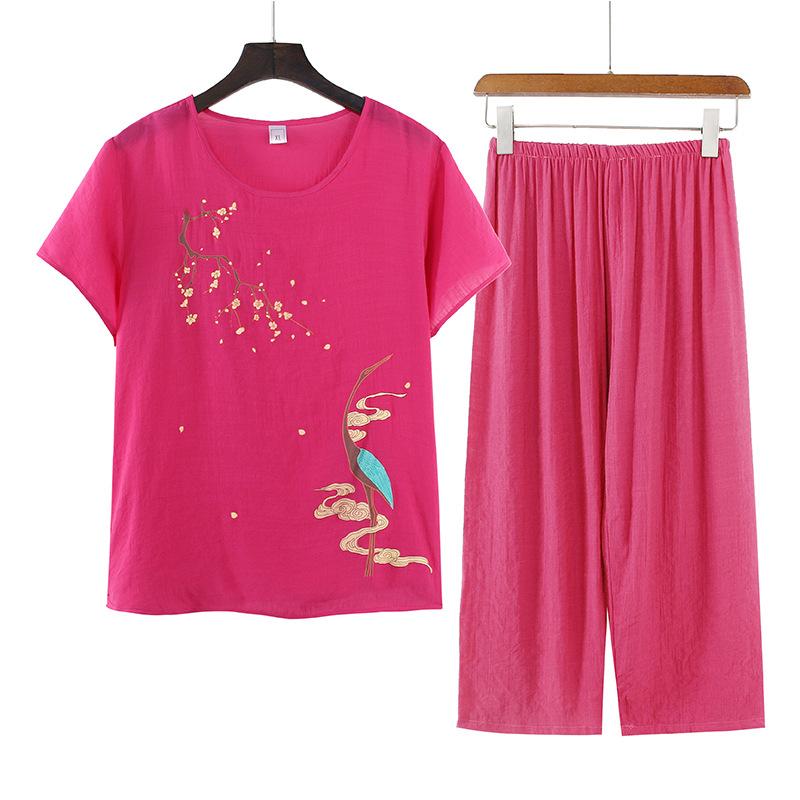 Koszulka z krótkim rękawem dla kobiet w średnim i starszym wieku, kostium matki, luźny, duży rozmiar, bawełniany i lniany, dwuczęściowy kostium