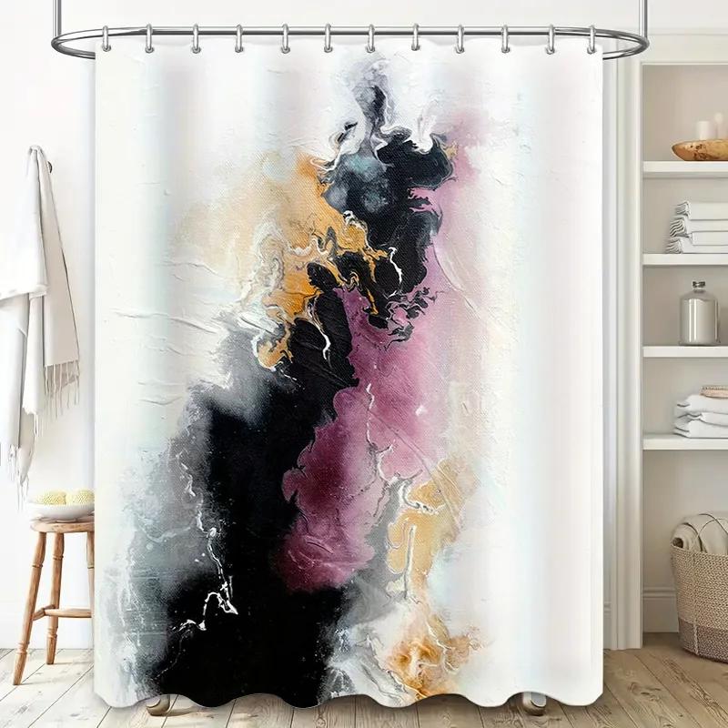 Modern Artistic Bathroom Shower Curtain with Black Gold Pink White Colorful Design Decorative Bath Mat Set for Home Decoration
